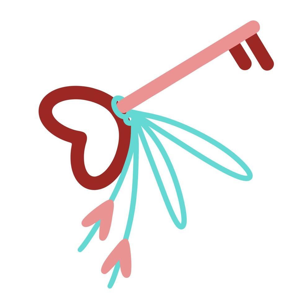 Key vector icon. Hand-drawn cute illustration. Love symbol, pink key with a handle in the shape of a heart with a ribbon. Festive sketch for valentine's day. A romantic gift, a simple colored doodle.