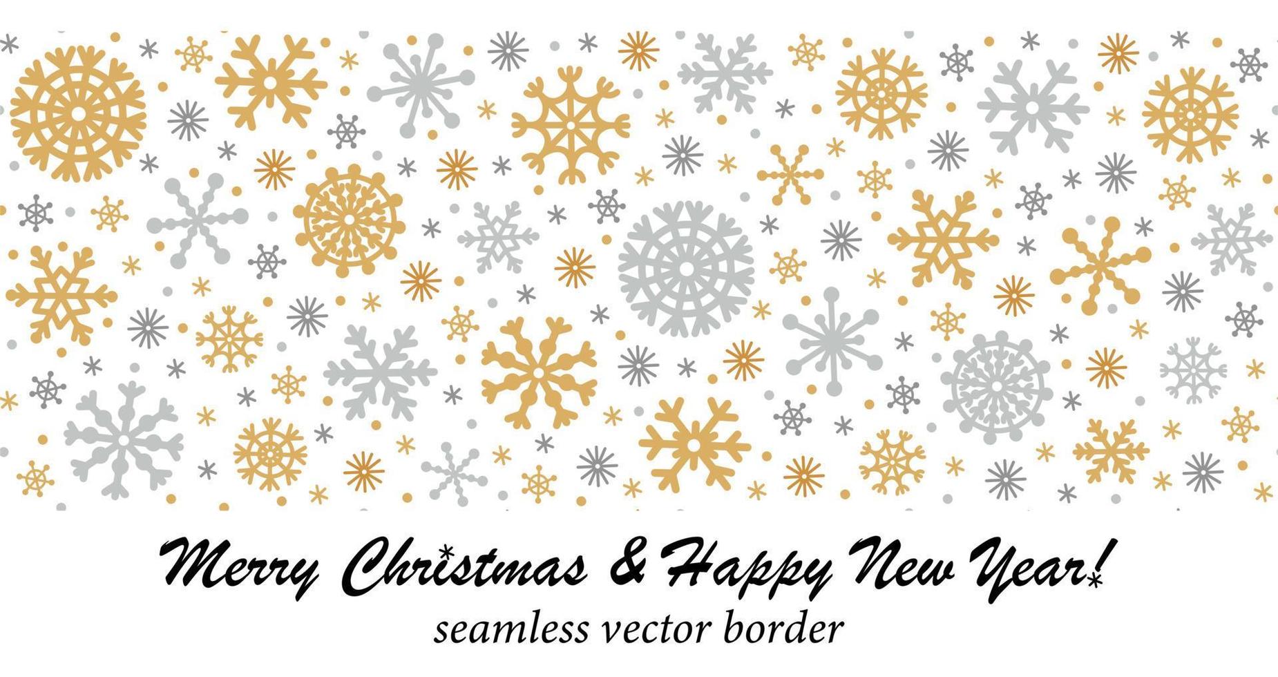 Snowflakes seamless vector border. Hand-drawn horizontal pattern. Gold, silver crystals of ice on a white background. Cozy winter banner. Festive concept for decoration, postcard design, printing
