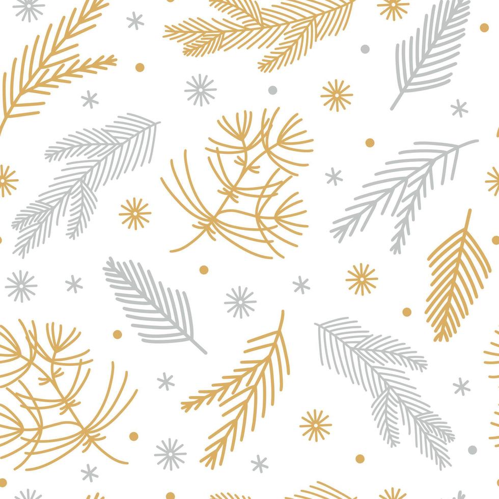 Christmas tree branches seamless vector pattern hand-drawn. Gold, silver sprigs of pine, fir, cedar on a white background. Graceful snowflakes, conifers. Festive cozy template. Seasonal concept.
