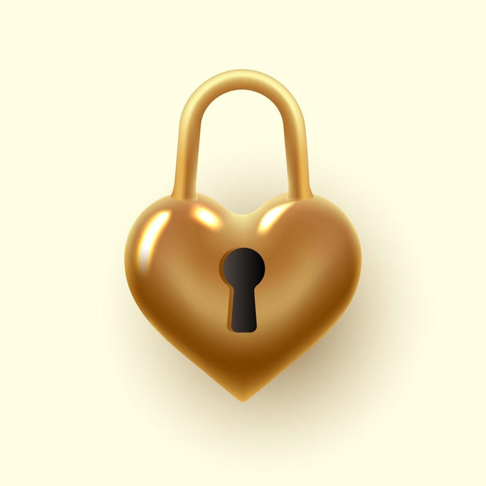Gold lock in the shape of a heart. With a keyhole. Love emotion symbol. Closed. 3d realistic isolated on a light background. Vector illustration.
