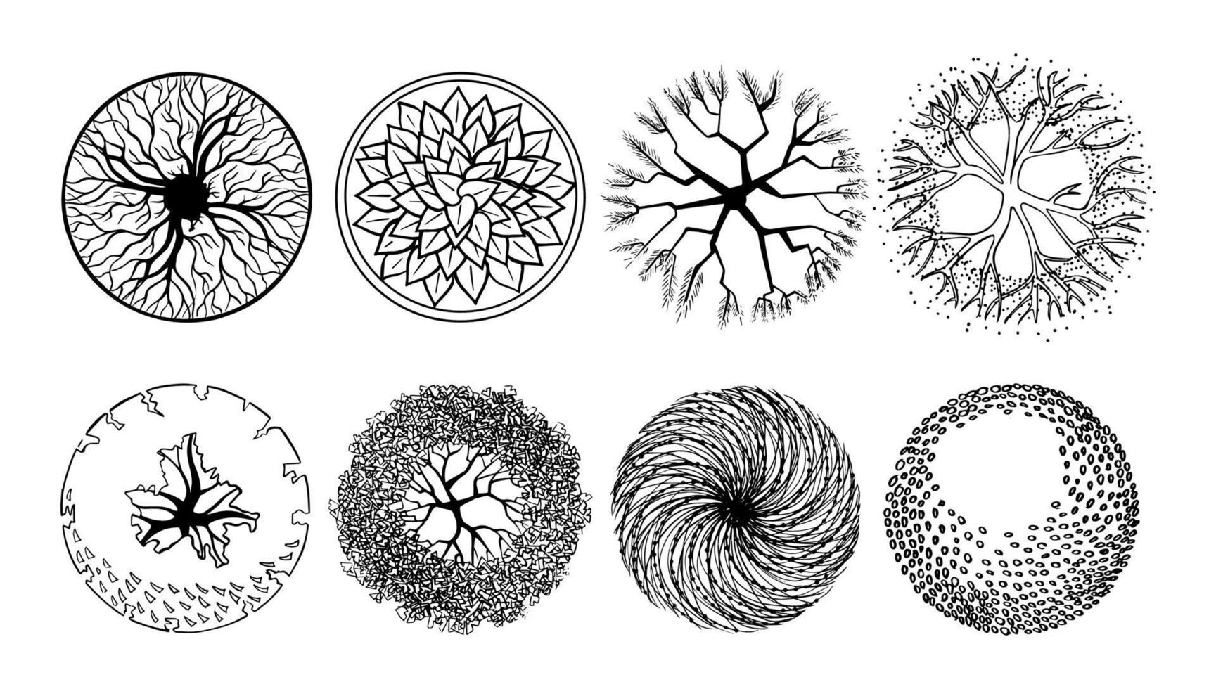 Set hand-drawn sketch of trees. Landscaping. Top plan view of deciduous garden woody plants. Pictograms for the master plan. Black and white graphics. Isolated on a white background. Vector. vector