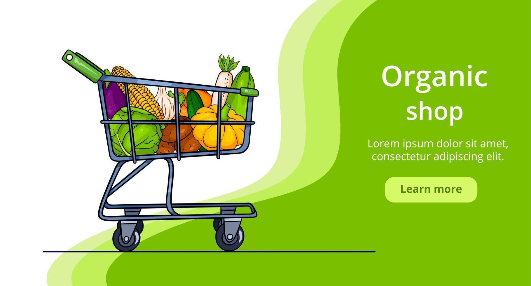 Organic shop poster. Finished design. Trolley with vegetables. vector