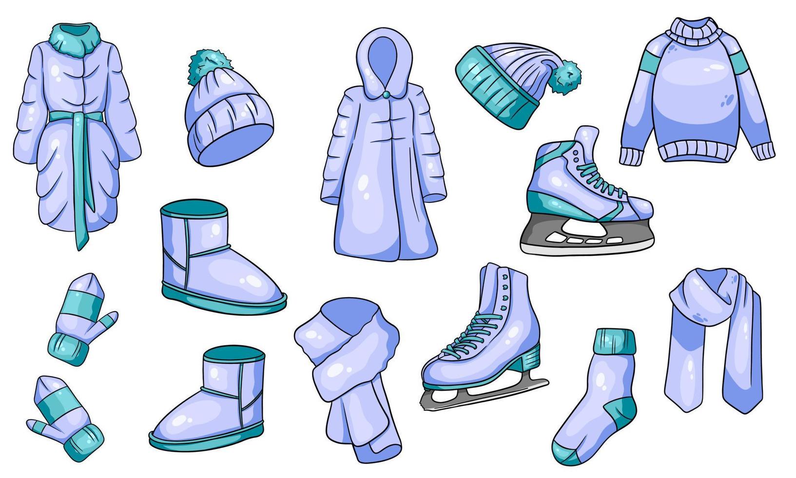 un conjunto de cosas de invierno. colección de ropa de abrigo. estilo de dibujos animados. vector