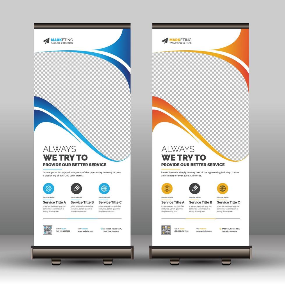 Conjunto de plantillas de señalización de banner enrollable de negocios rojo, azul y amarillo moderno, diseño único, diseño de stand corporativo listo para imprimir para oficina, empresa y uso multipropósito vector