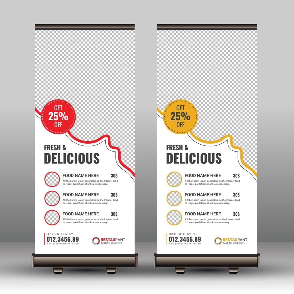 menú de comida creativa, restaurante roll up banner plantilla diseño vectorial, comida rápida y señalización de restaurante standee pull up x banner design vector