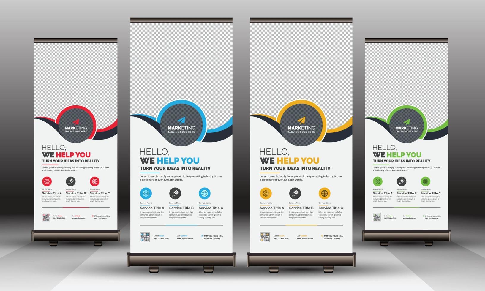 Plantilla de stand de banner enrollable de negocios corporativos con formas creativas, diseño único de letrero moderno de pull up x banner para uso multipropósito vector