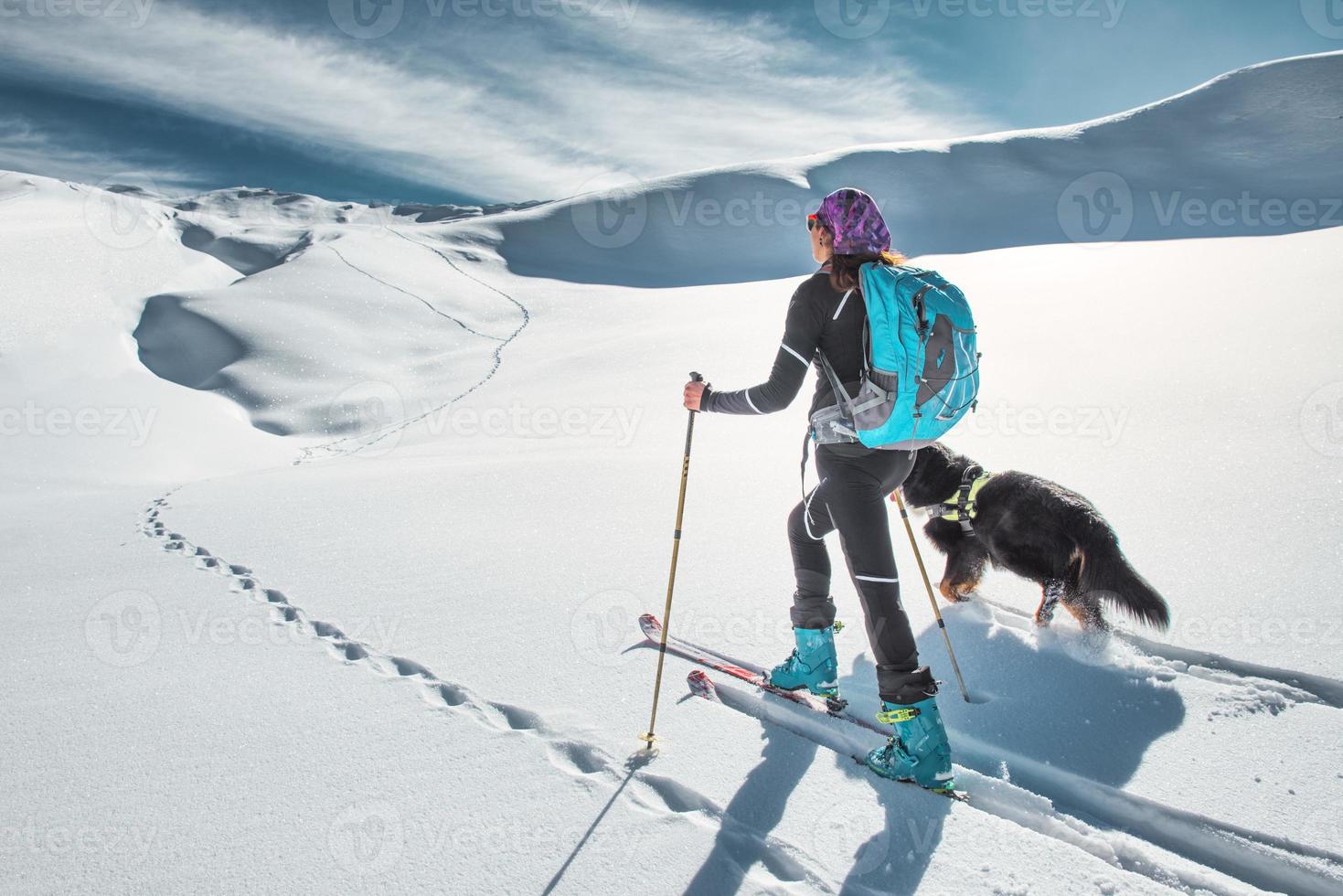 A woman ski mountaineer with her beloved dog photo