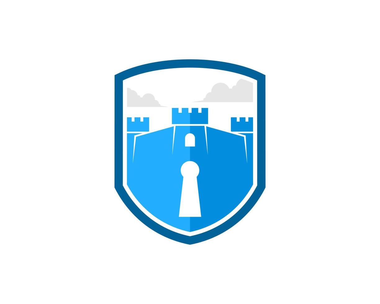 Shield with fortress and key hole inside vector