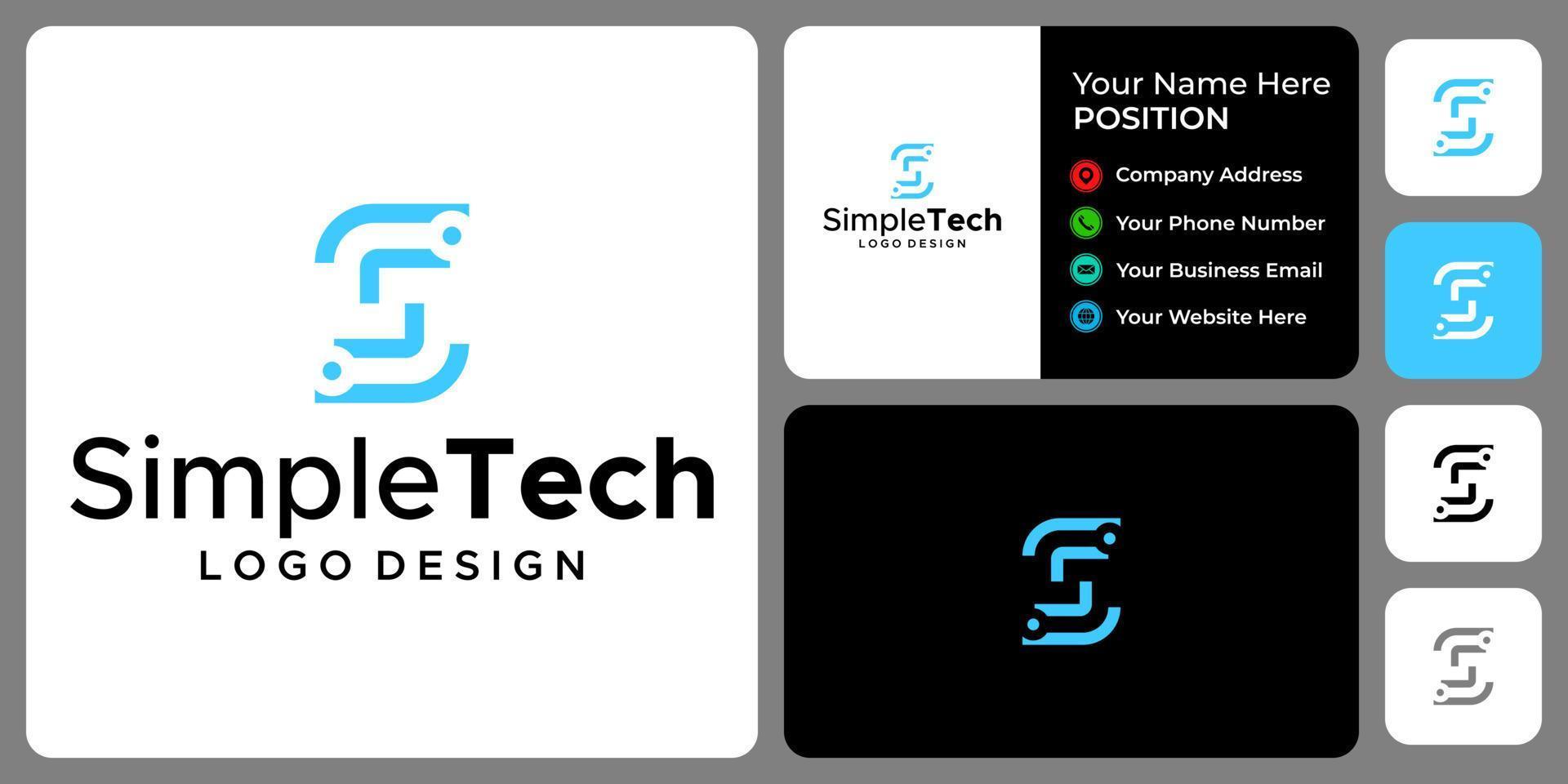 Letter S monogram technology logo design with business card template. vector