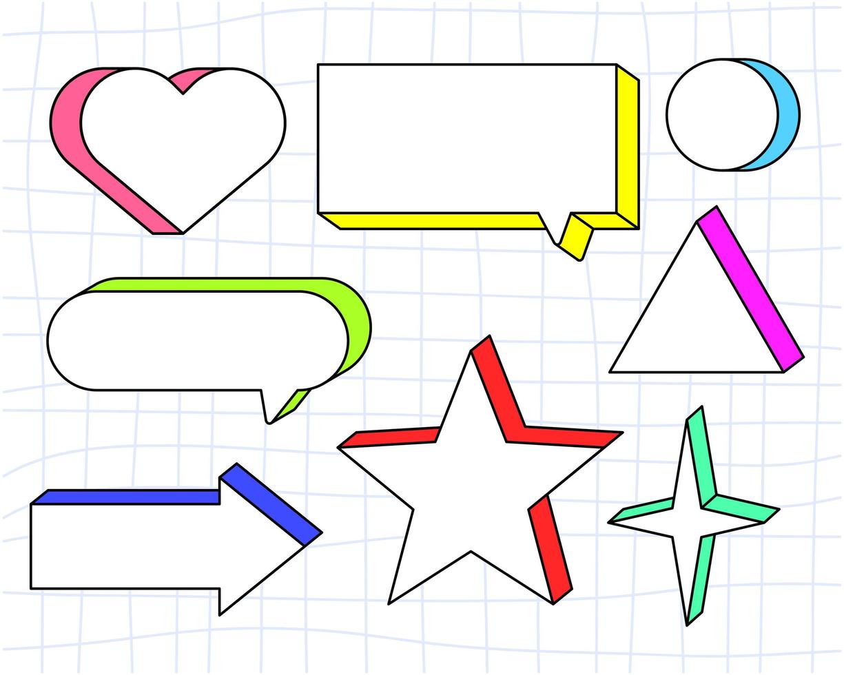 Set Speech bubbles and other geometric shapes. Trendy retro cartoon style 3d and 2d line vector