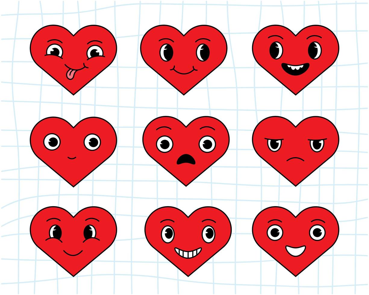 Funny cartoon hearts. Set valentine's day stickers in trendy retro cartoon style. vector