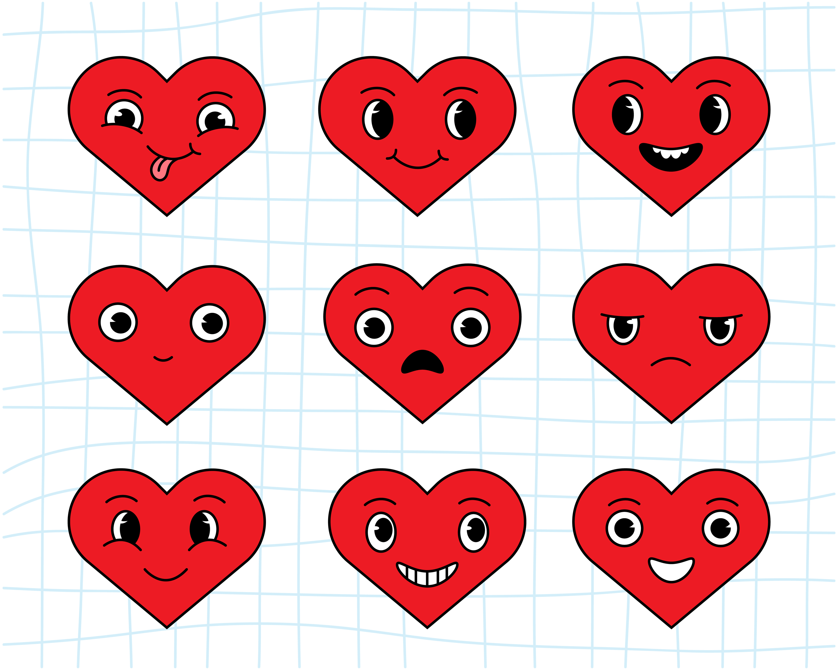 Funny cartoon hearts. Set valentine's day stickers in trendy retro cartoon  style. 4948647 Vector Art at Vecteezy