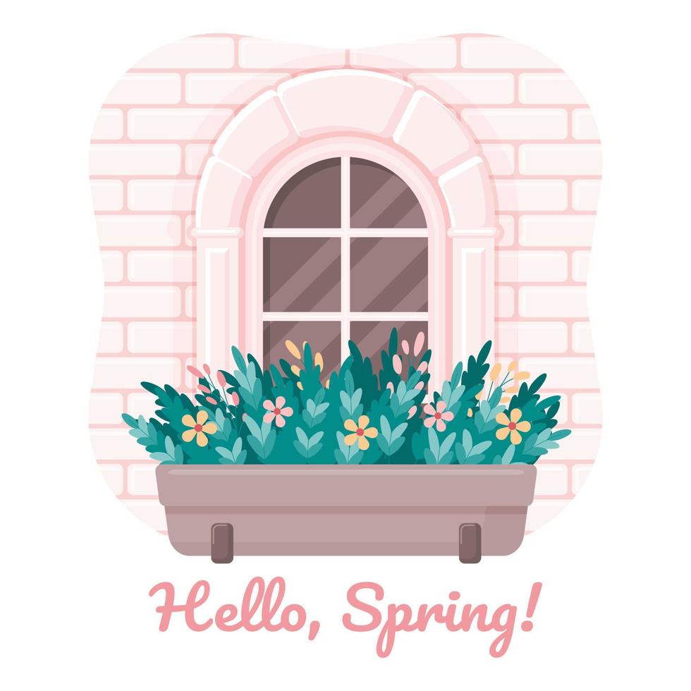 Spring card. Cute pink window with flowers. Vector illustration. Cartoon style. Isolated on white. Hello, spring.