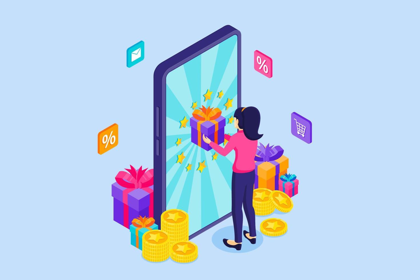 A young woman standing in front of a giant smartphone is receiving a gift box from the Online Loyalty Program. Customer reward concept. Isometric Vector Illustration