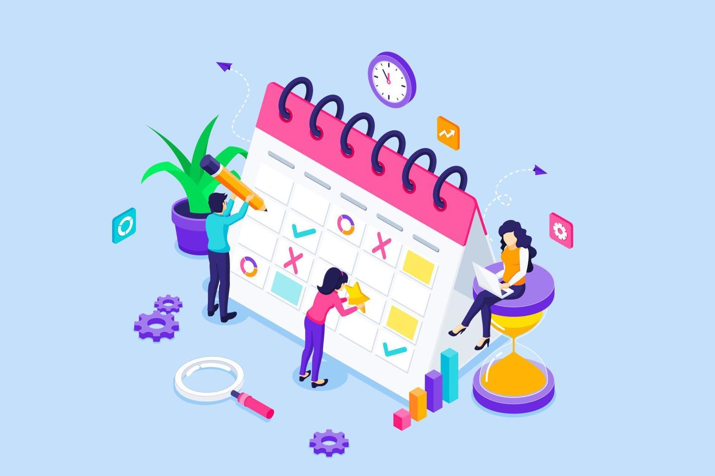 People are filling out the work schedule on a giant calendar. Business and Work planning schedule, Daily routine, and Time Management concept. isometric vector illustration