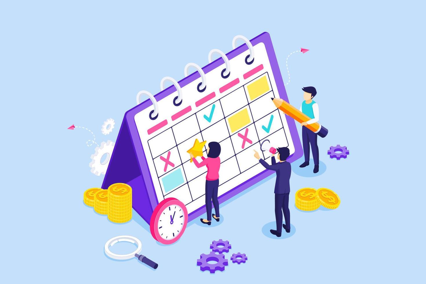 Business People are filling out the work schedule on a giant calendar.. Business and Work planning schedule, Daily routine, and Time Management concept. isometric vector illustration