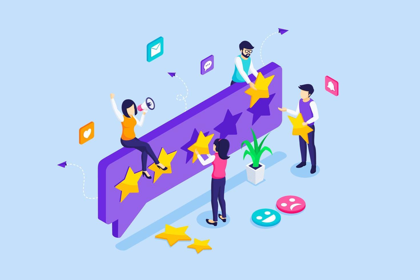 Group of people gives stars ratings. Customer review concept, positive feedback, and evaluation for a product or service. Customer experience and satisfaction. Isometric Vector Illustration