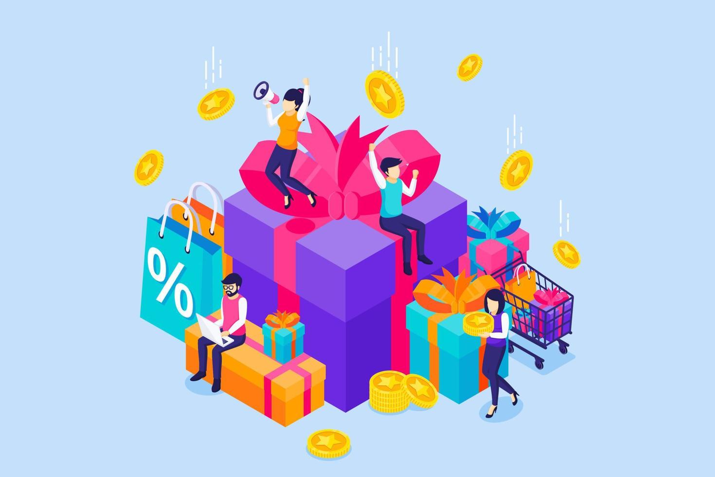 Group of happy people near big Gift boxes, Shopping bags, Cart, Rewards card points, Discounts, and Bonuses. Loyalty program and Customer reward concept. Isometric Vector Illustration