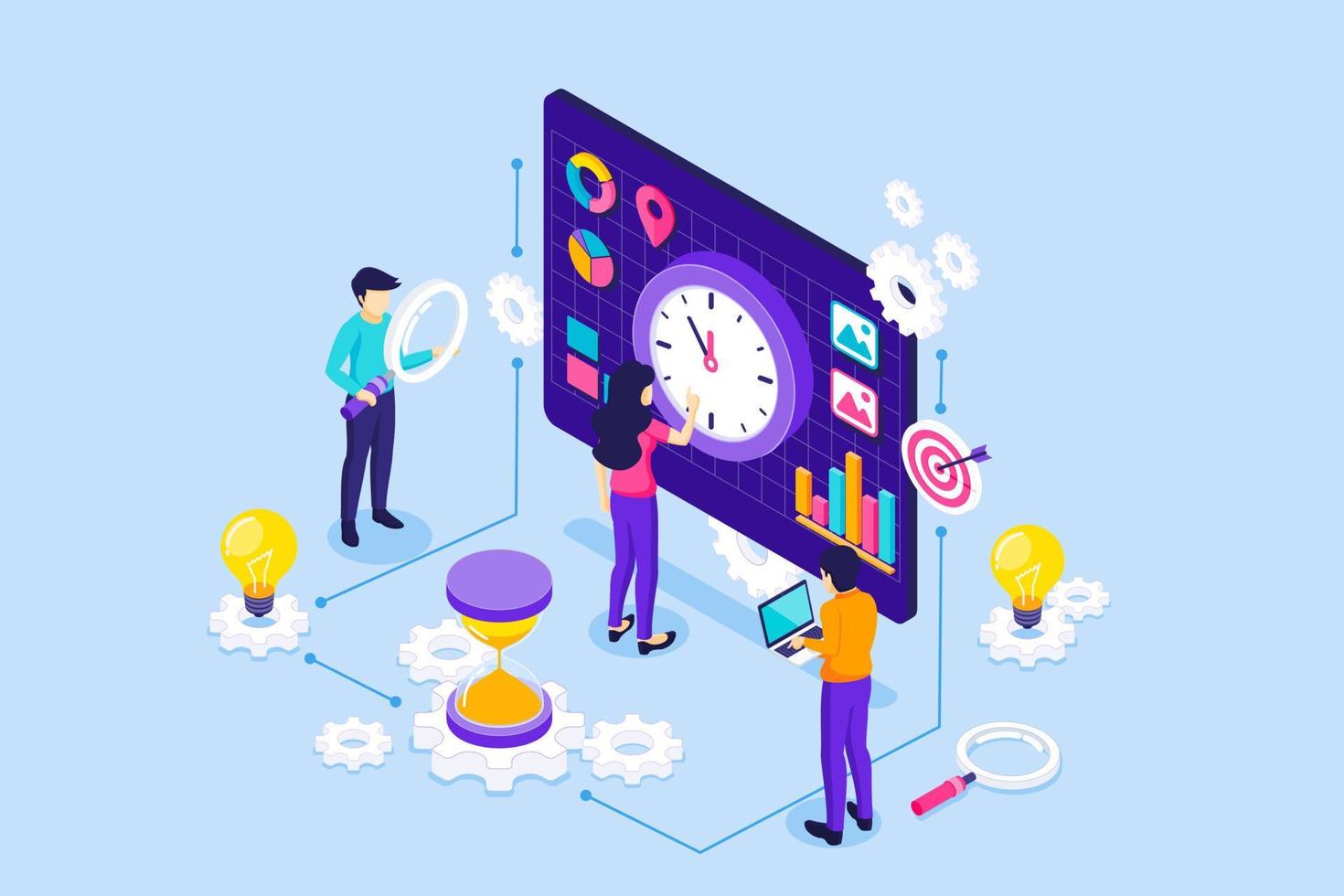 People characters is a working schedule. Effective business work scheduling and Time Planning. Time Management concept. isometric vector illustration