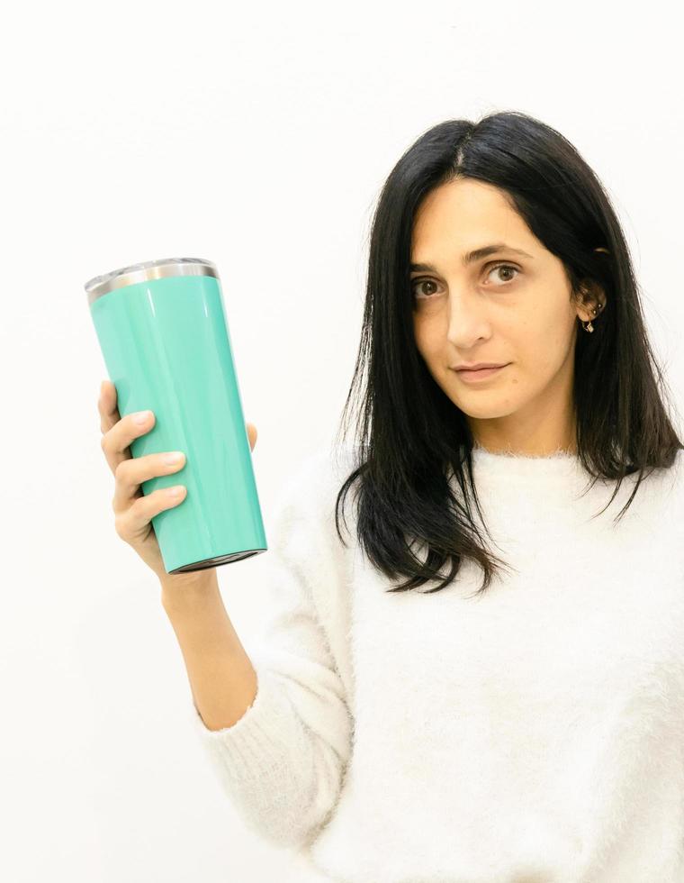 woman hold thermos photo