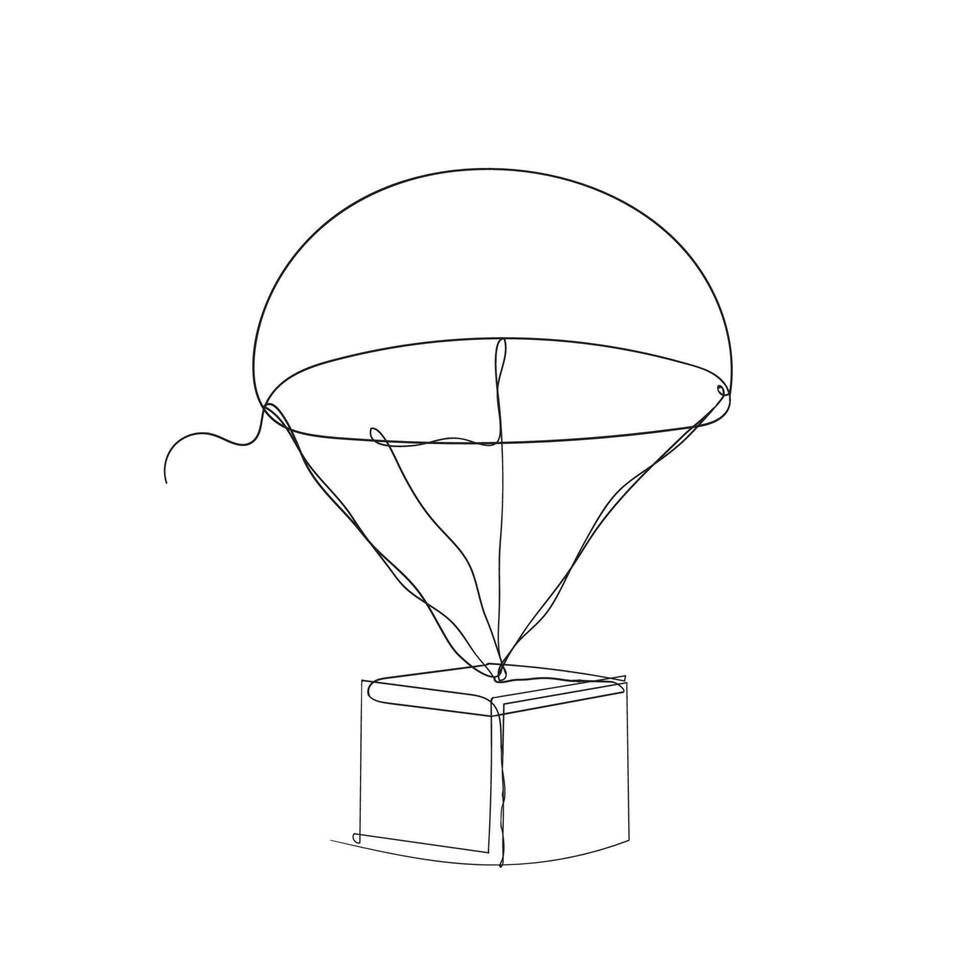 hand drawn air balloon parachute with package box illustration in continuous line drawing vector