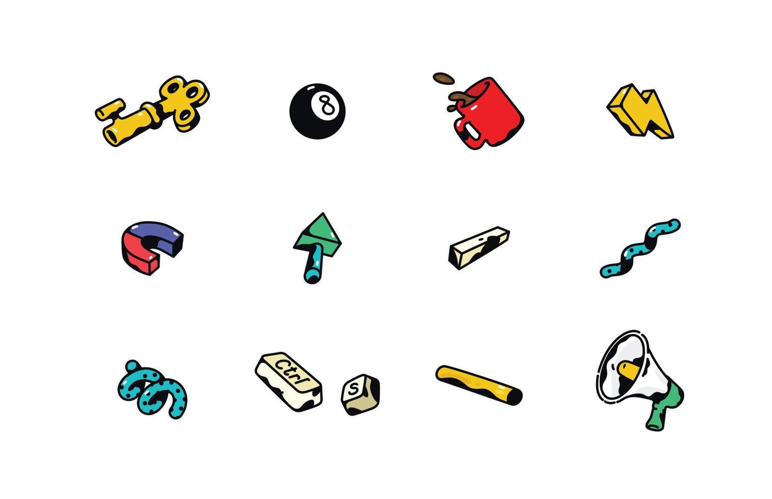Business icons. Vector. Mug with coffee. Decorative items. Golden key, lightning, magnet, ball. Cartoon signs, symbols. vector