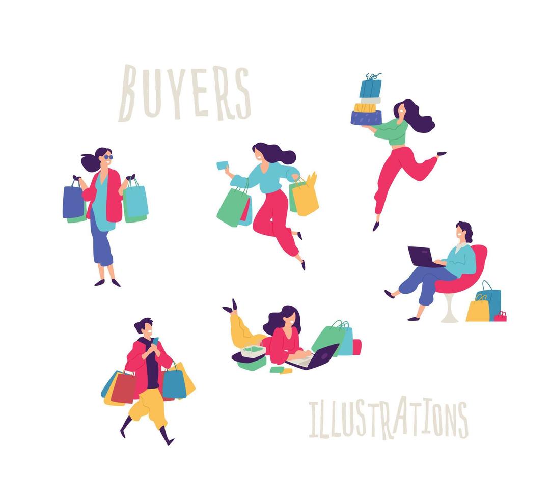 Ilustración de personas con compras. vector. los hombres y las mujeres compraban cosas. descuentos y ventas Ilustración de personas con compras. vector. los hombres y las mujeres compraban cosas. descuentos y ventas