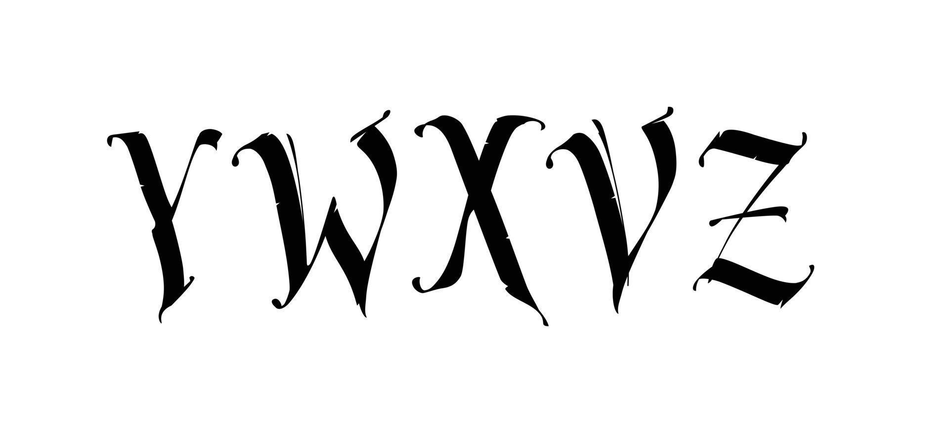 The letters Y, W, X, V,Z in the Gothic style. Vector. Signs and symbols, monogram. Badges for logo. Medieval style. Old vintage style. Mini set of letters. vector