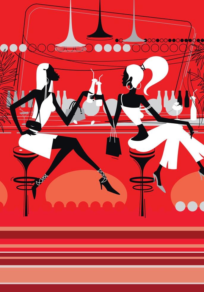 Two beautiful girls drink cocktails in a nightclub. Glamorous young women are sitting in a bar. Illustration for background. Image for printing, banner or website. Vector background.