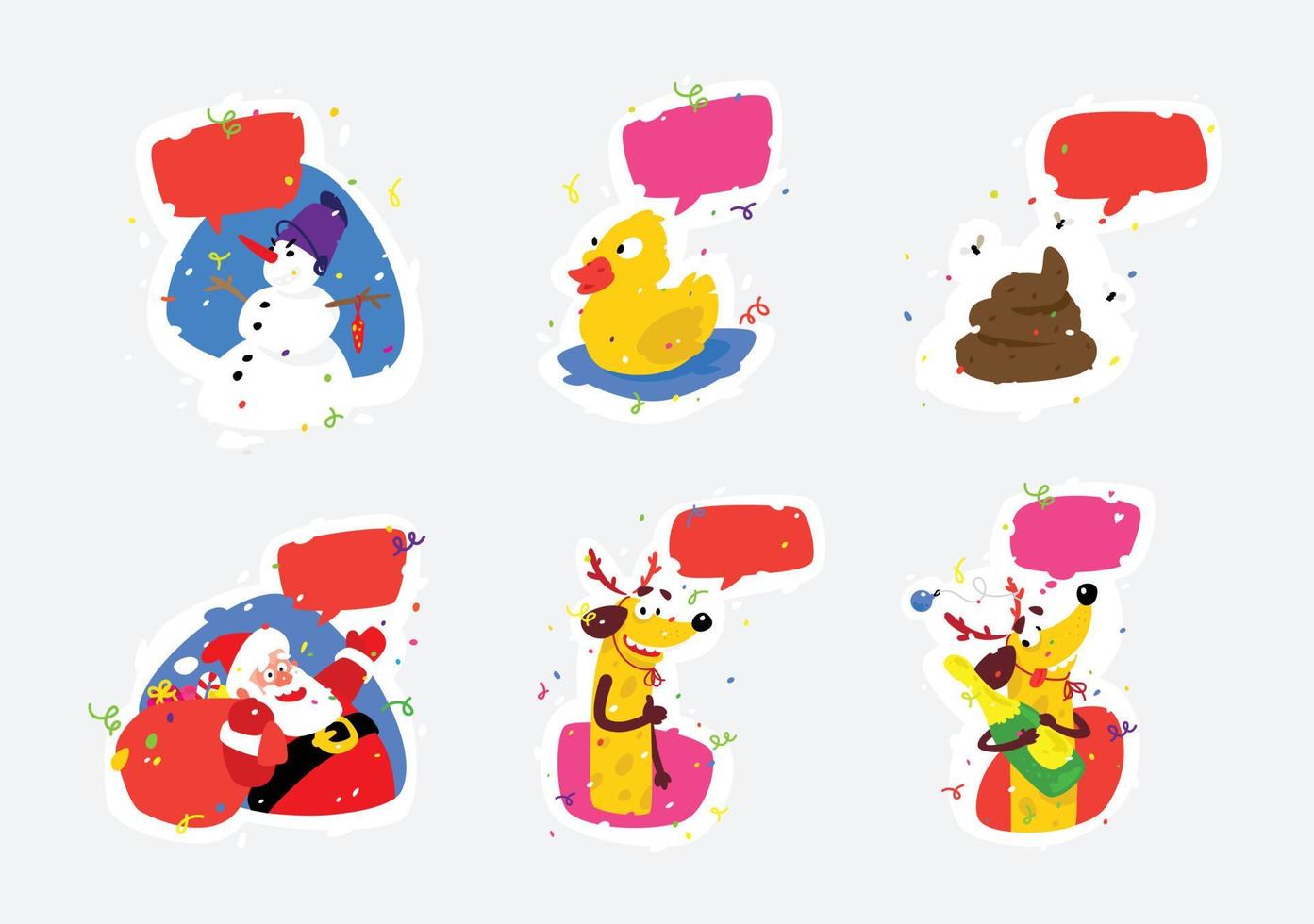 Conjunto de pegatinas de Navidad. ilustración vectorial listo para imprimir, insignia, sitio web, banner y mensajeros. emoji santa claus, muñeco de nieve, mierda, pato, perro. la imagen está aislada del fondo. vector