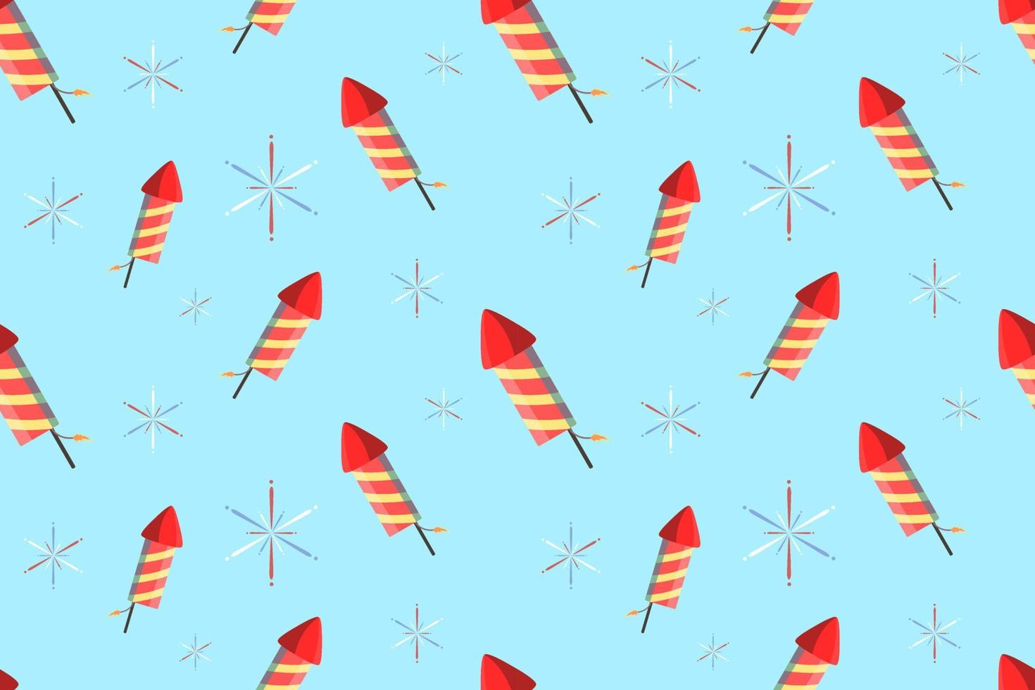 Rocket Fireworks Seamless Pattern Design on Blue Background vector