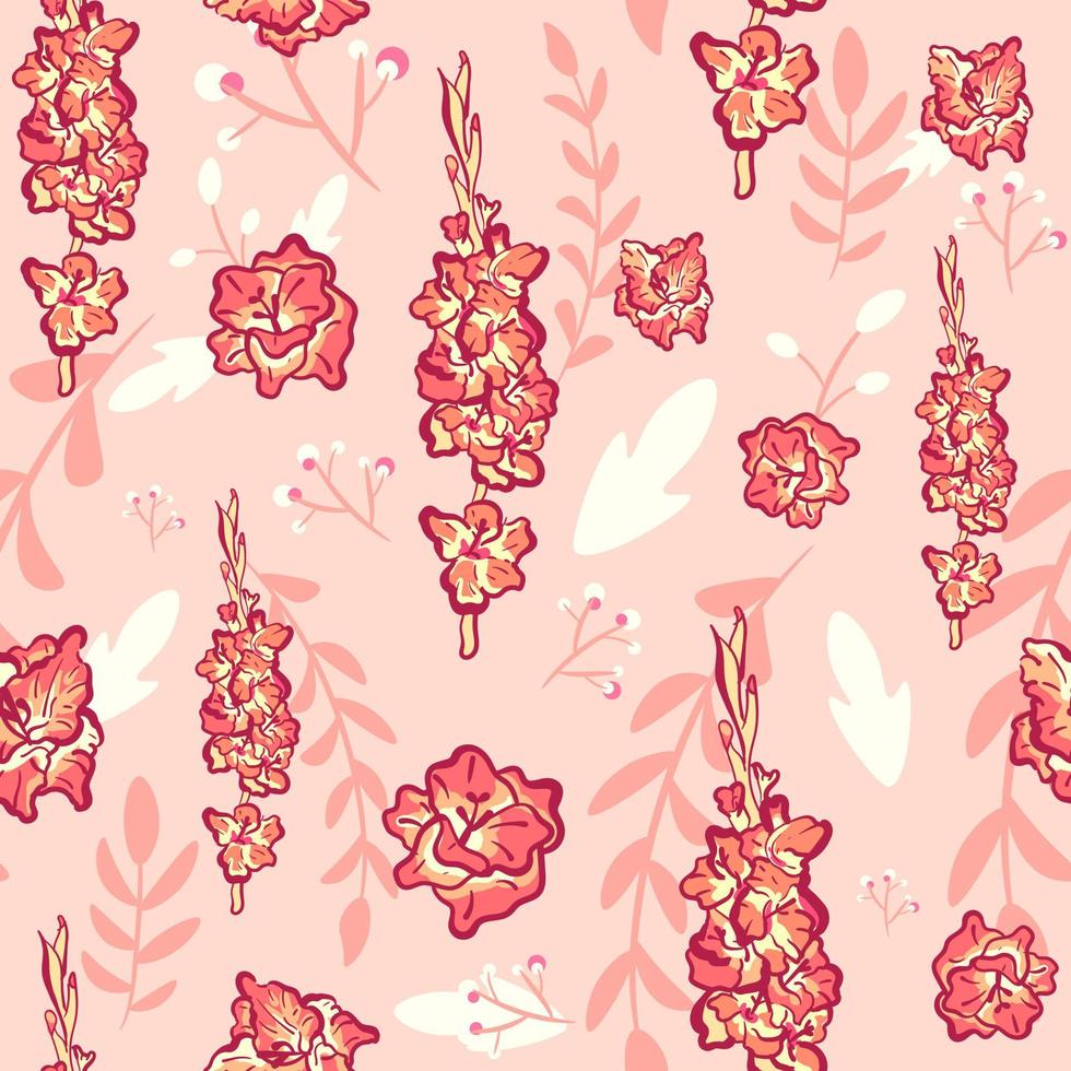 patrón transparente rosa de una imagen floral con ramos de flores y gladiolos. Repita el fondo con plantas de jardín y hojas de primavera. vector