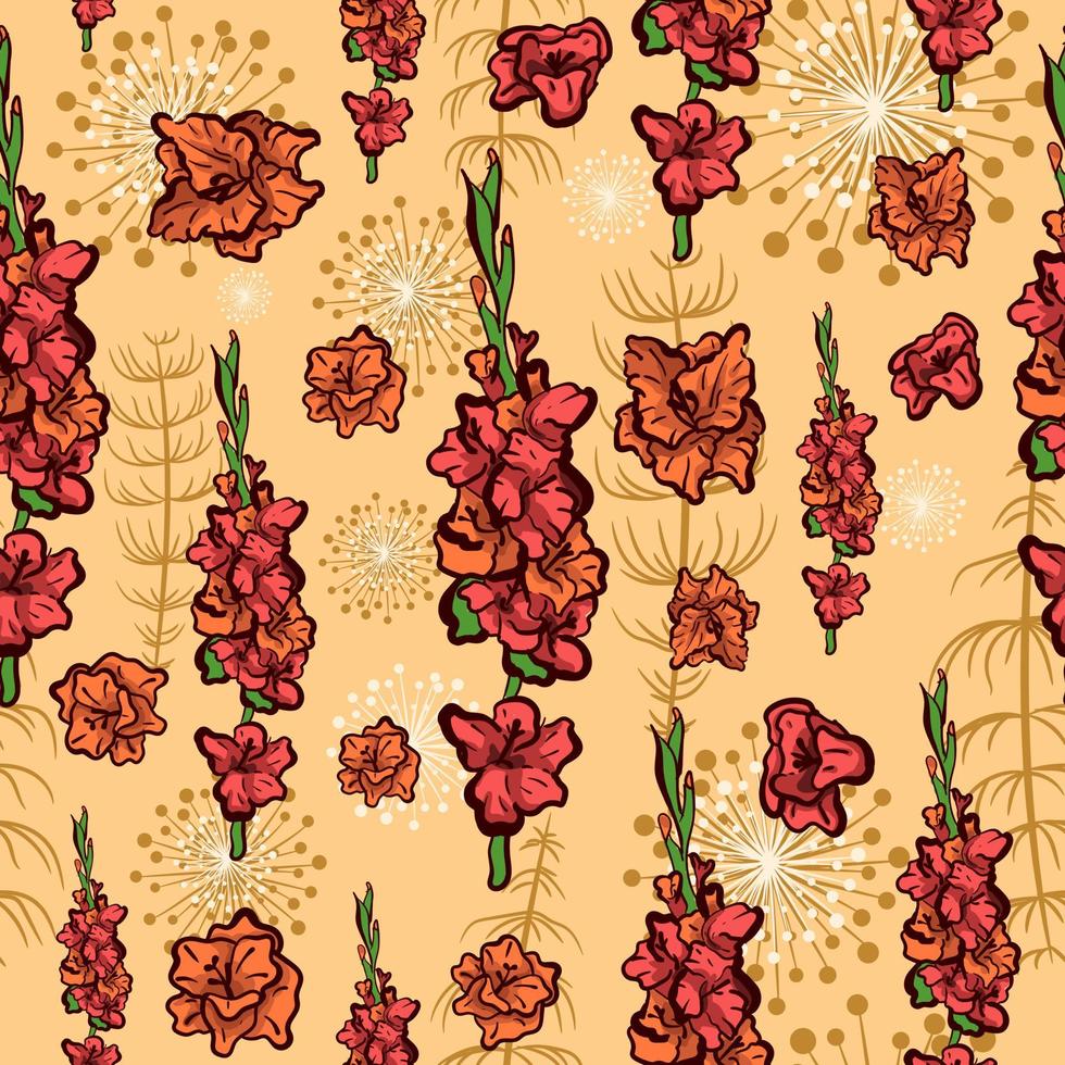 Orange seamless pattern of a floral image with gladiolus flowers and bouquets. Repeat background with garden plants and spring leaves. vector