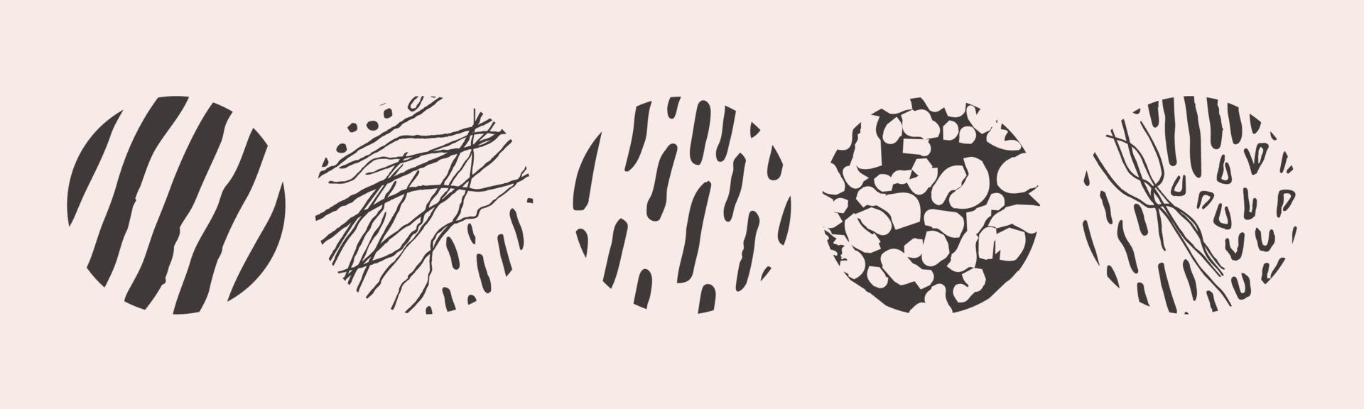 Vector hand drawn set with round isolated abstract black patterns or backgrounds. Various doodle shapes for highlight covers, posters, social media Icons templates.