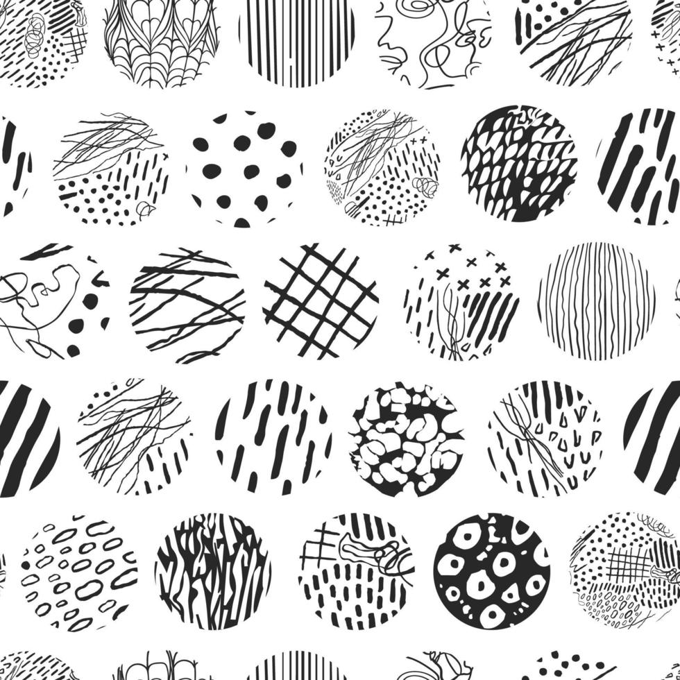Vector modern black and white seamless background with hand drawn abstract round elements, doodles. Use it for wallpaper, textile print, pattern fill, web, texture, wrapping paper, design presentation