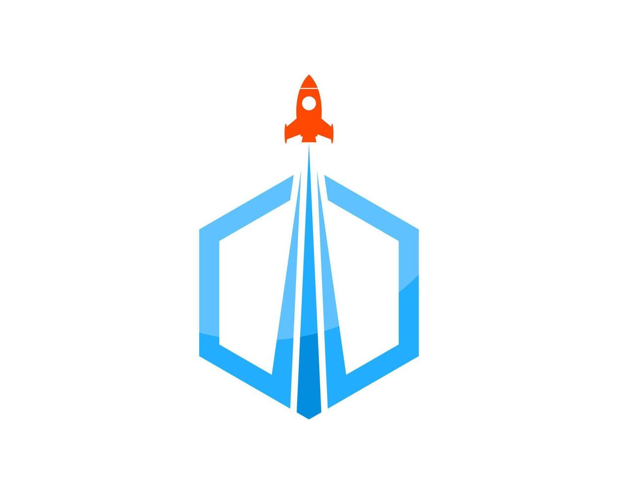 Hexagonal shape with rocket launch inside vector