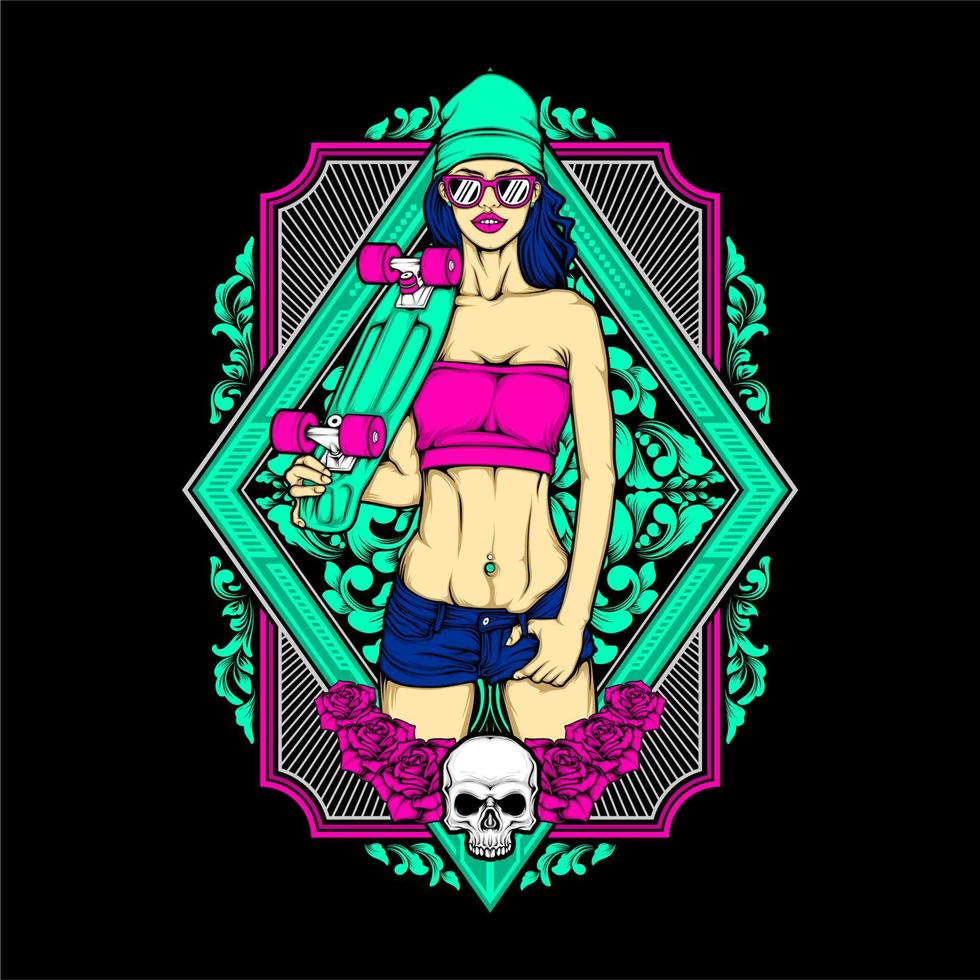 skateboard girl illustration vector