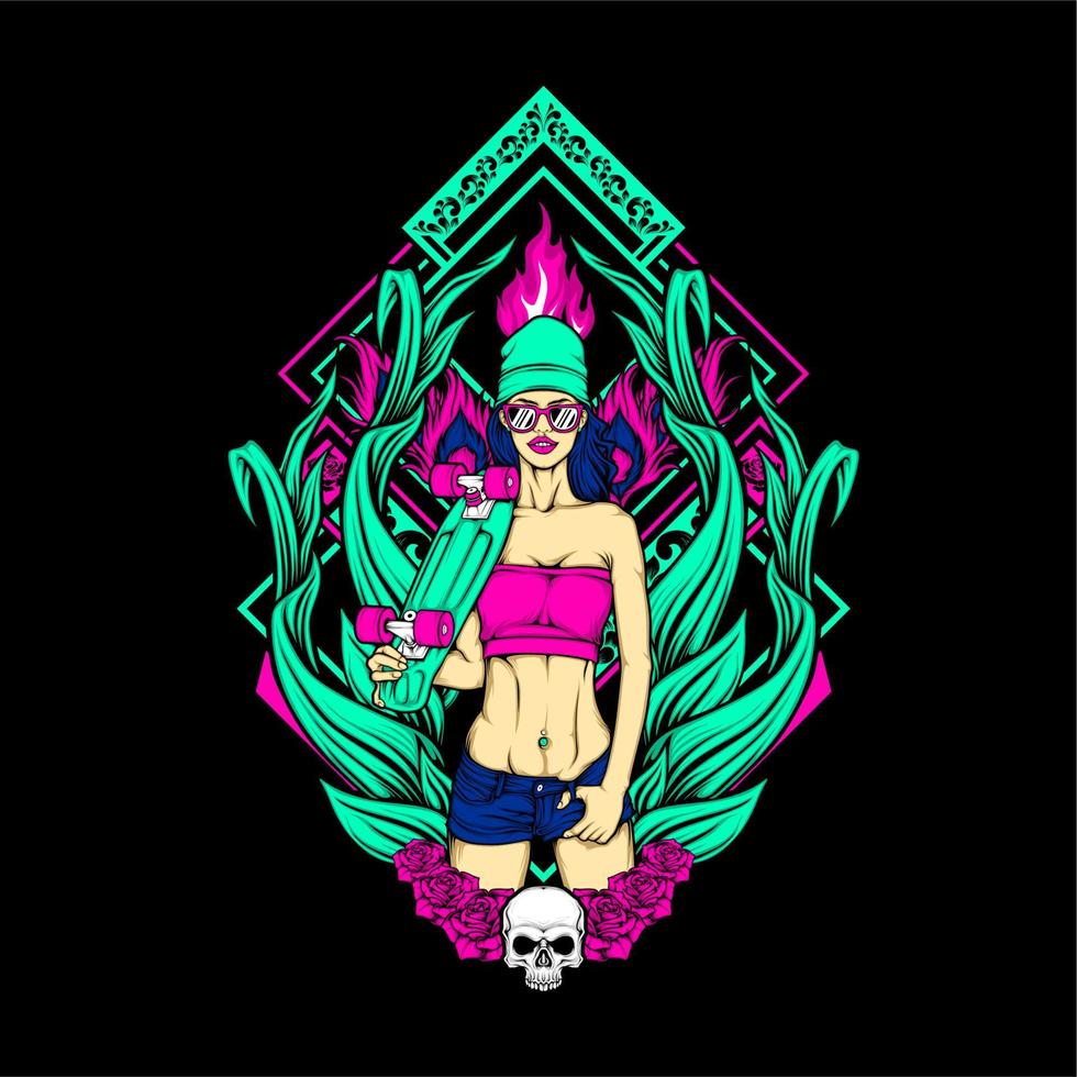 skateboard girl illustration vector
