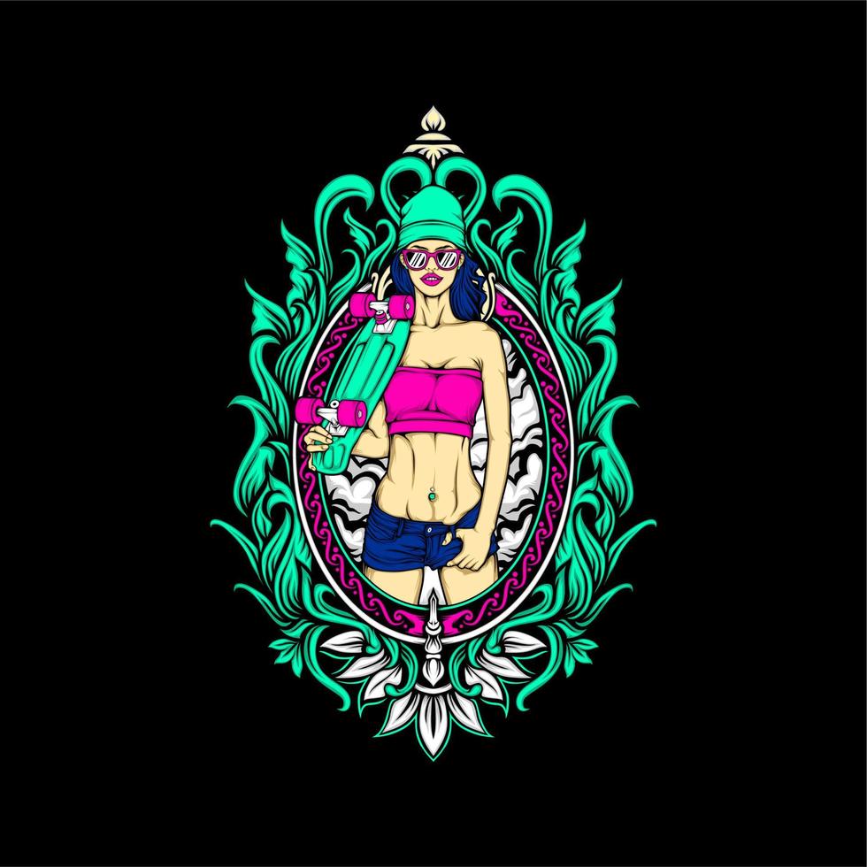 skateboard girl illustration vector