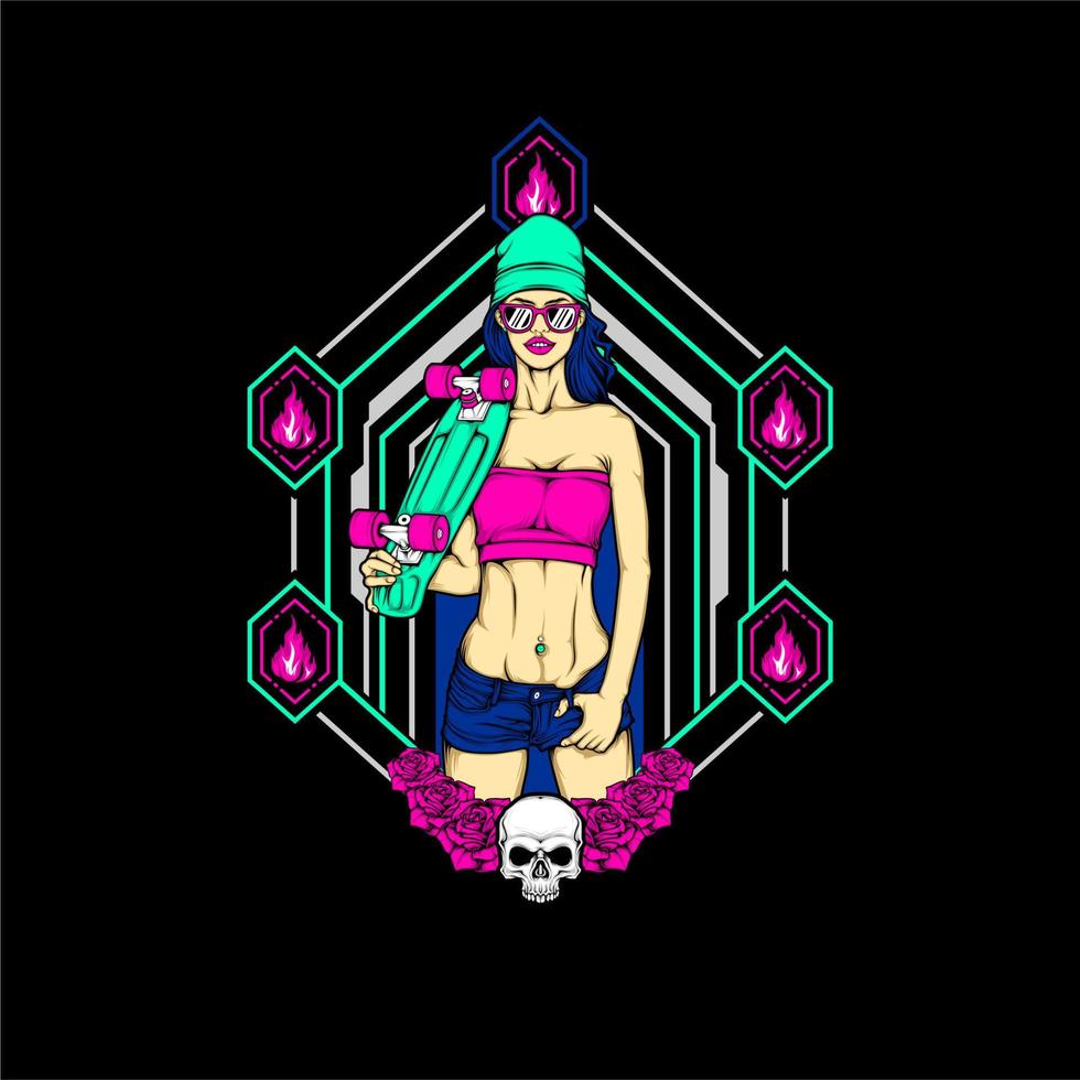 skateboard girl illustration vector