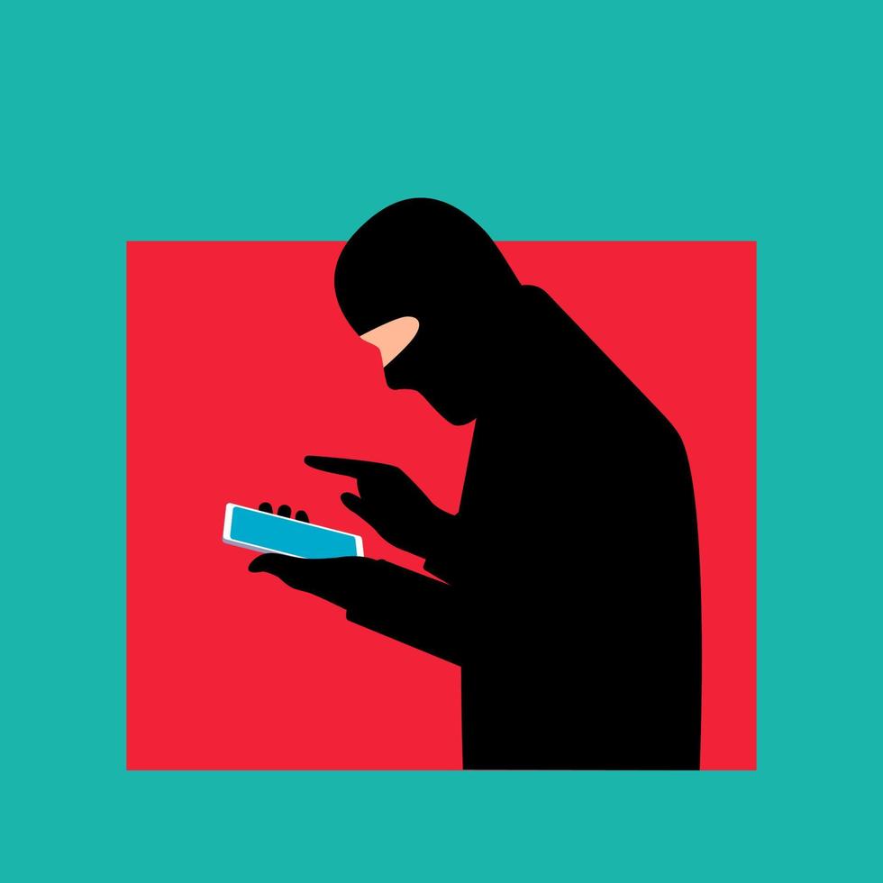A professional fraudster uses a smartphone. The fraudster calls on a mobile phone. The concept of phone fraud, hacker attack, scam and cybercrime. Vector illustration in flat style isolated.