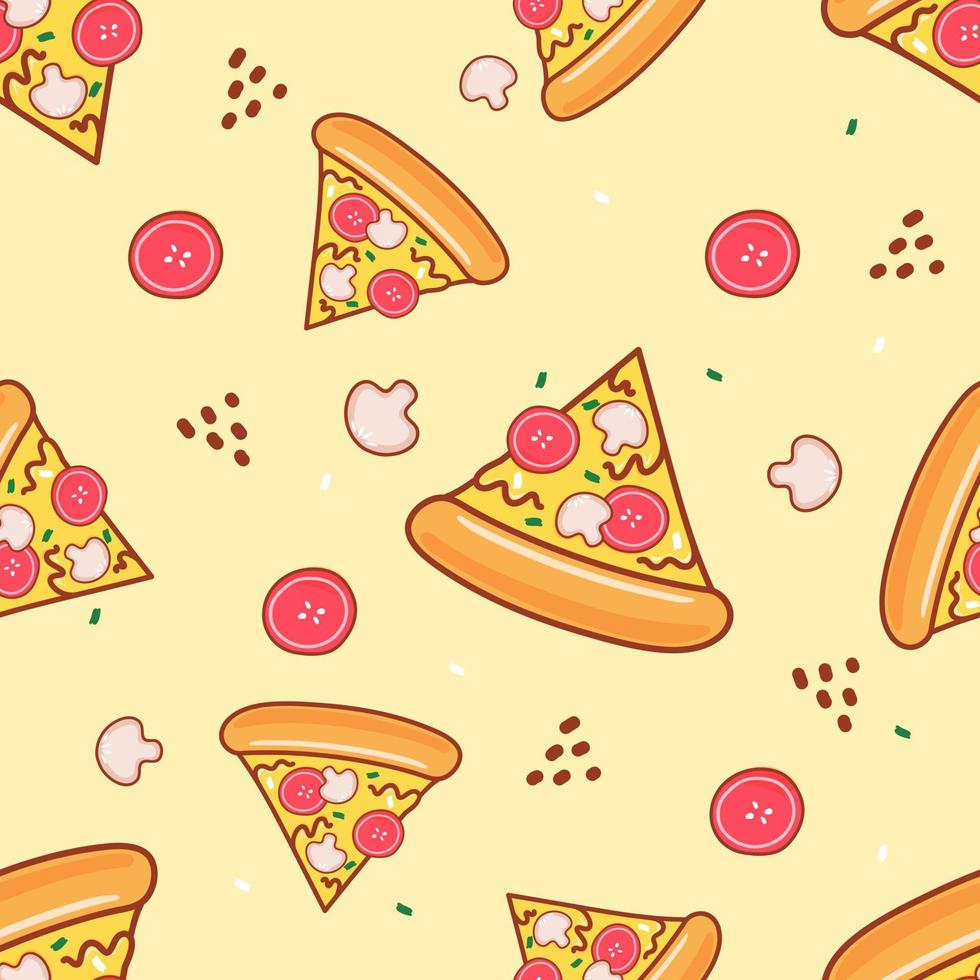 Seamless pattern pizza on yellow pastel background. Vector illustration.