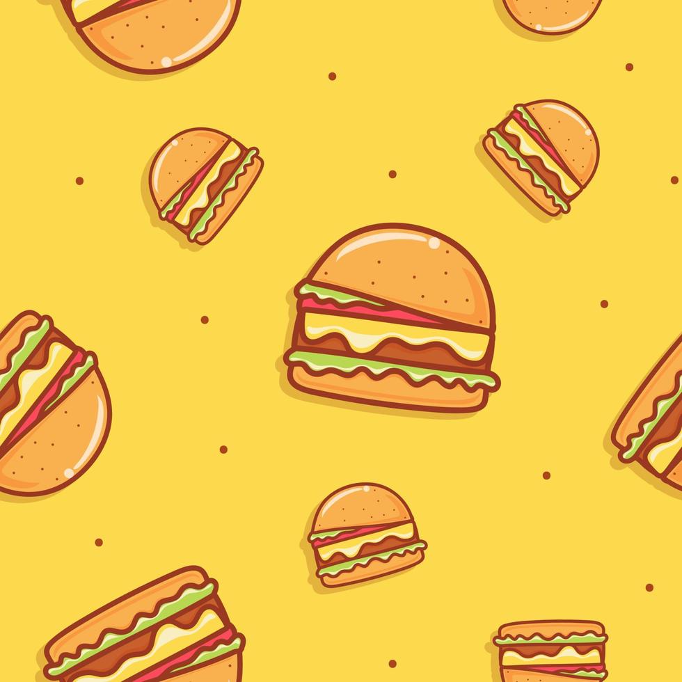 Seamless pattern hamburgers on yellow pastel background. Vector illustration.