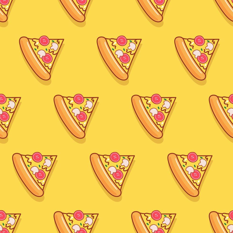 Seamless pattern pizza on yellow pastel background. Vector illustration.