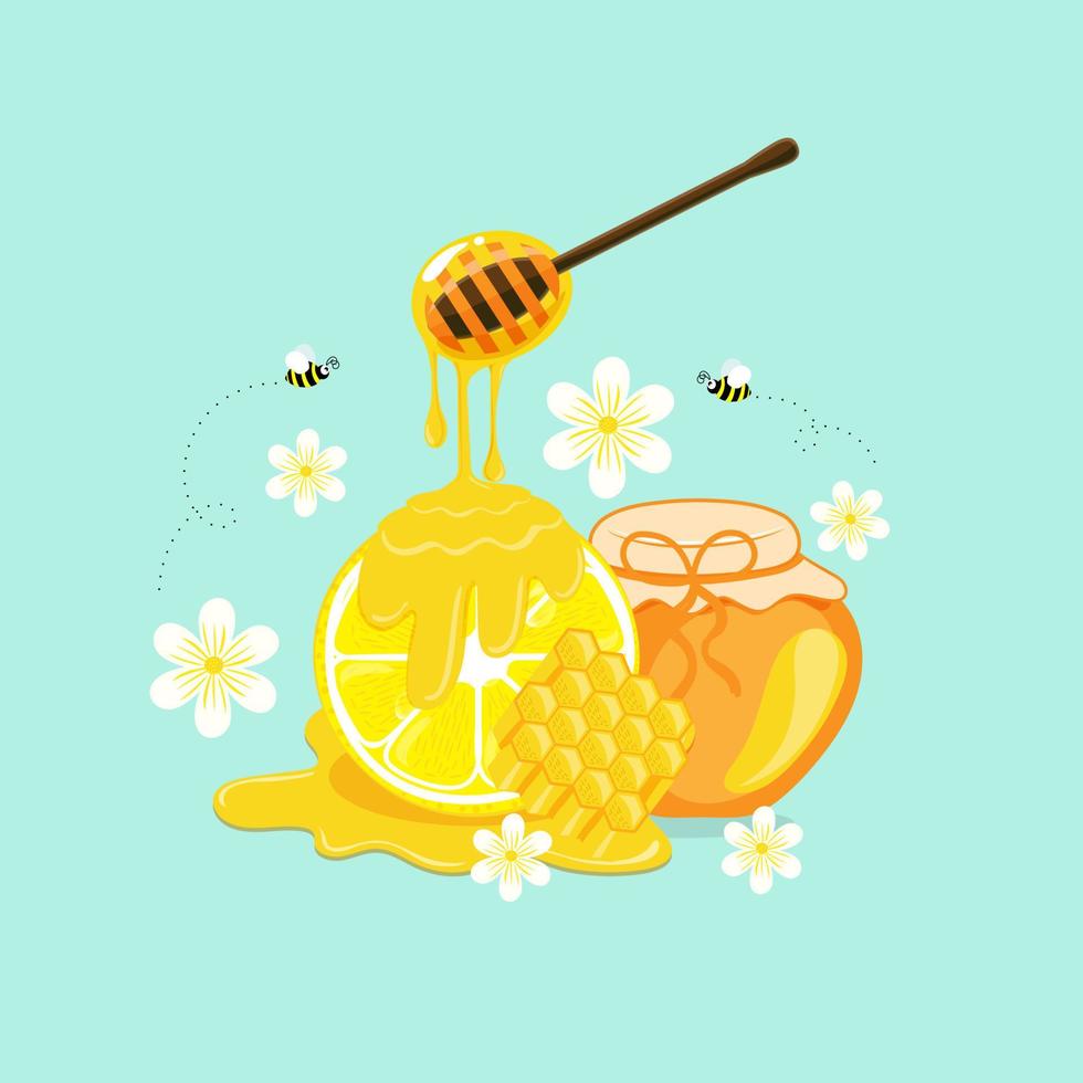 la miel está goteando en un limón con abejas y flores sobre fondo verde pastel. ilustración vectorial. vector