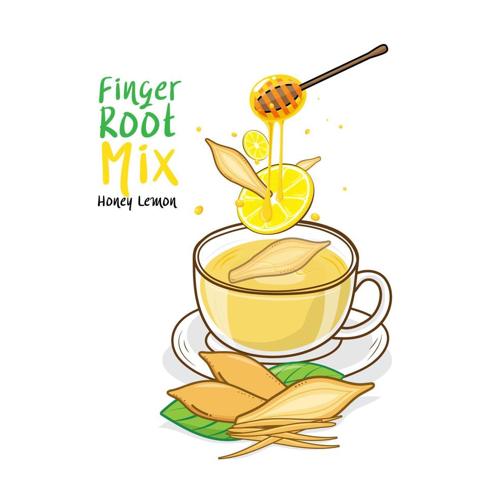 Cup of hot tea finger root mix honey lemon. Vector illustration.