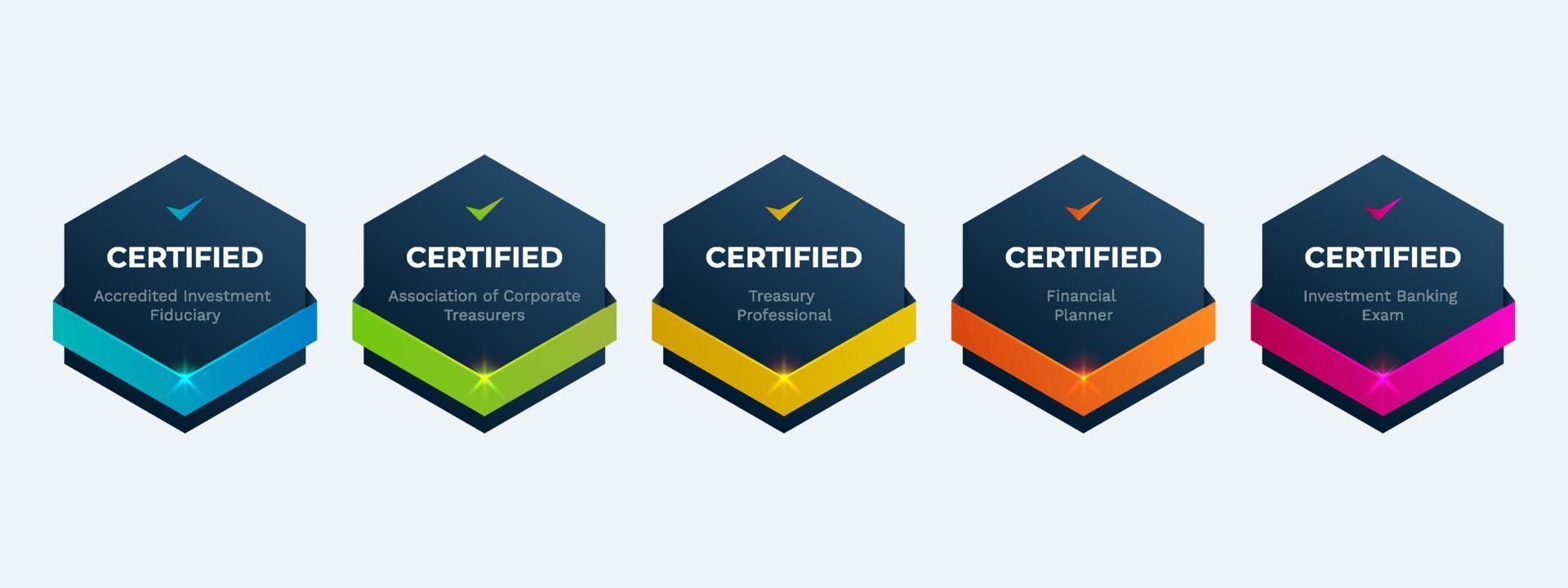 Plantilla de diseño de insignia de certificación de finanzas profesionales. logotipo de examen de empresa certificada por criterios. vector