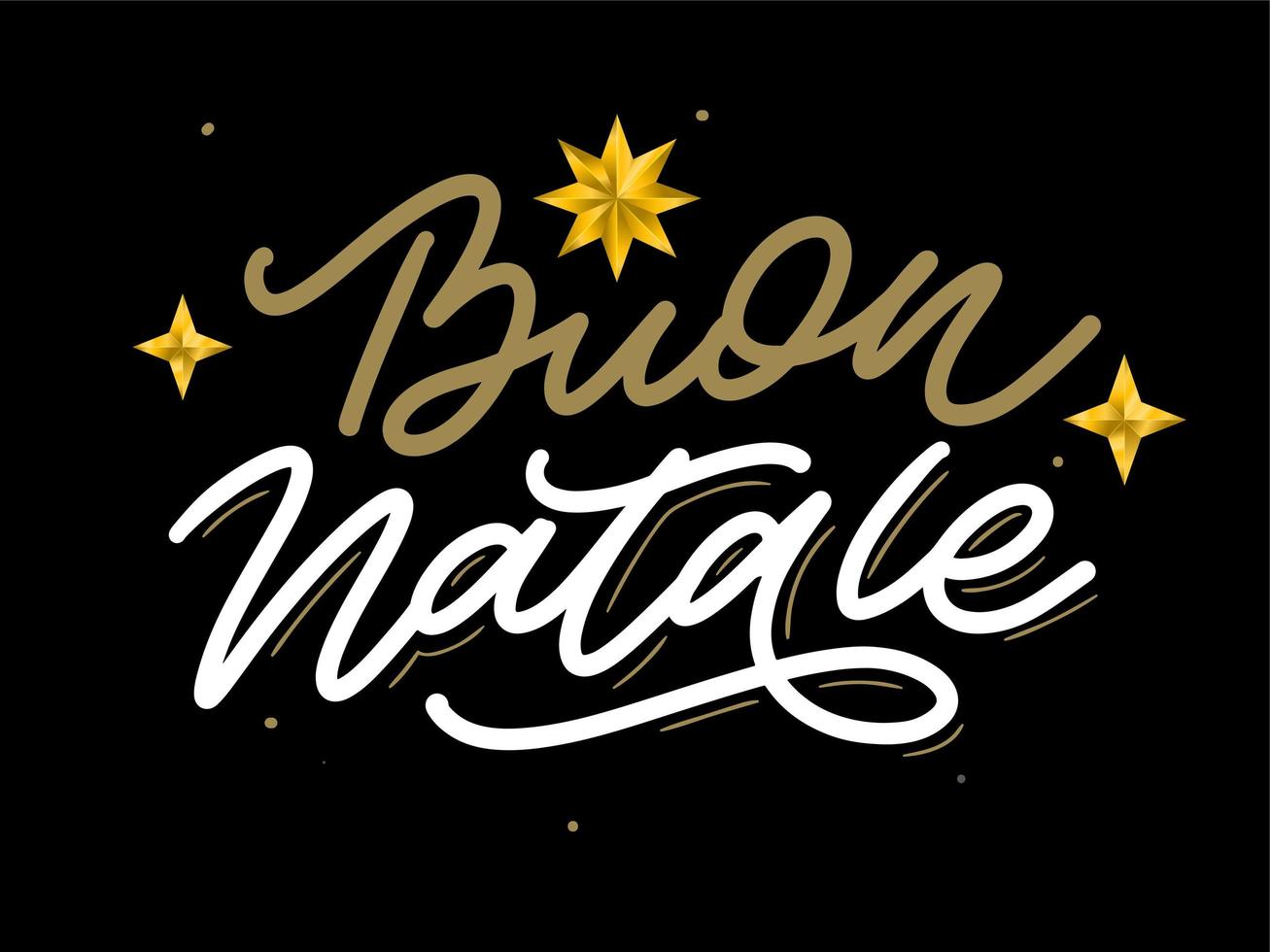 Navidad, tarjeta de felicitación de Buon Natale. Letras de escritura a mano en italiano. Letras de vacaciones. Plantilla de año nuevo. Vector vintage, diseño de tipografía.