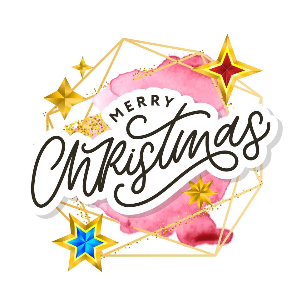 Merry Christmas text decorated with hand drawn lettering with gold stars. Greeting card design element. Vector typography.