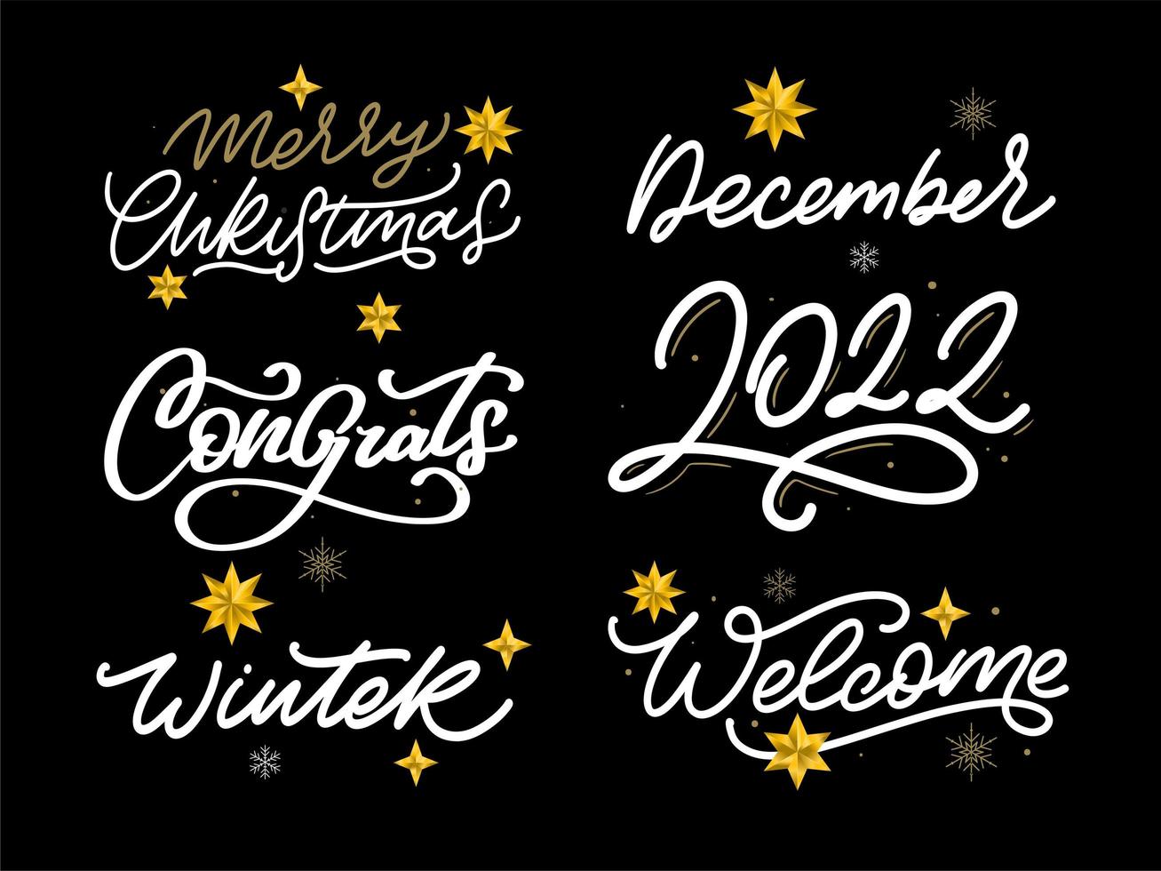 Merry Christmas New Year 2022 Lettering Calligraphy Design Set. Vector illustration